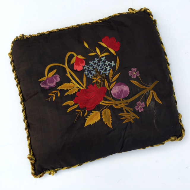 CUSHION, Black Silk w Embroidered Floral